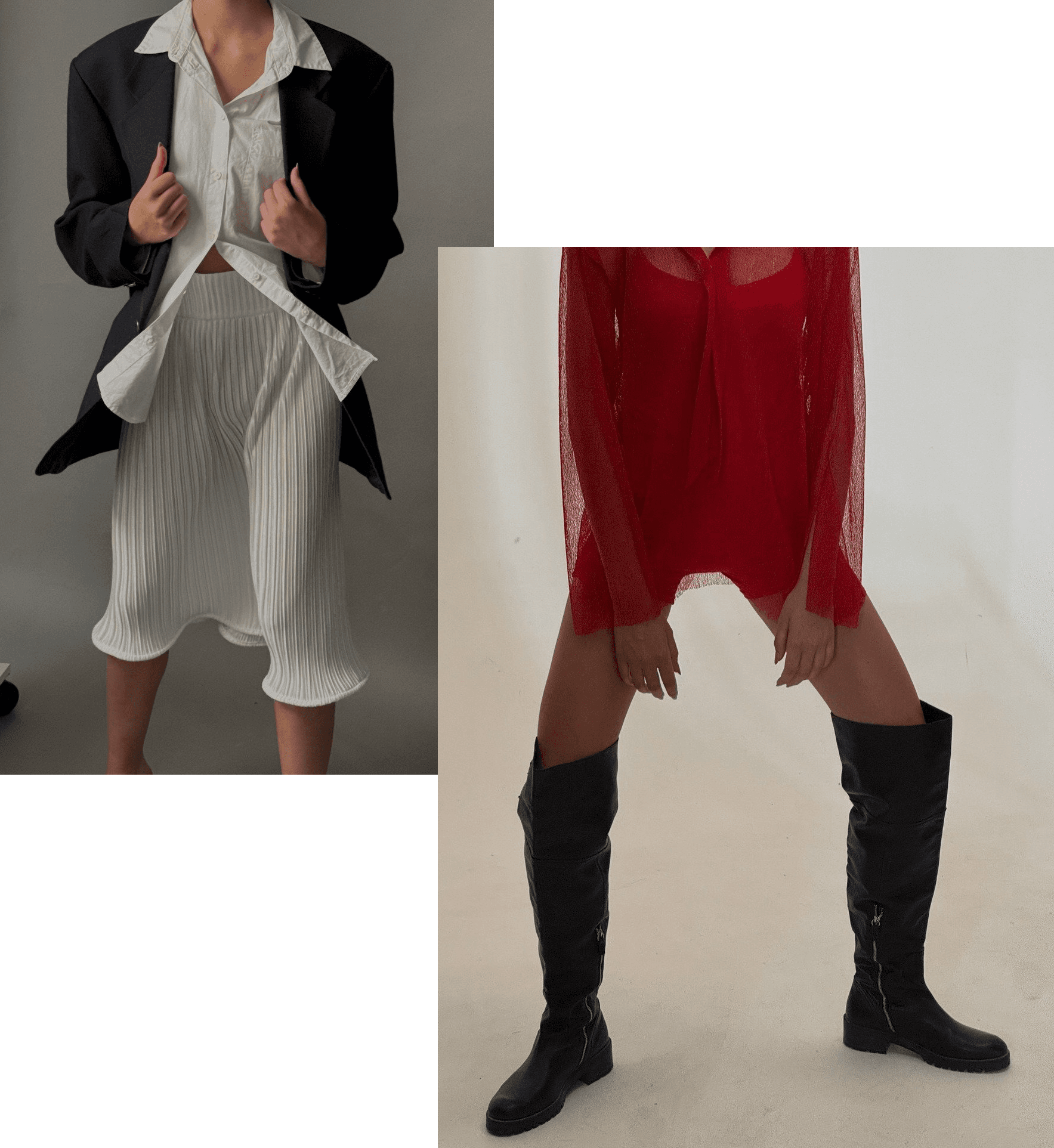 A collage of two fashion images: on the left, a person in a black blazer and white pleated shorts; on the right, a model wearing a sheer red dress and black knee-high boots.