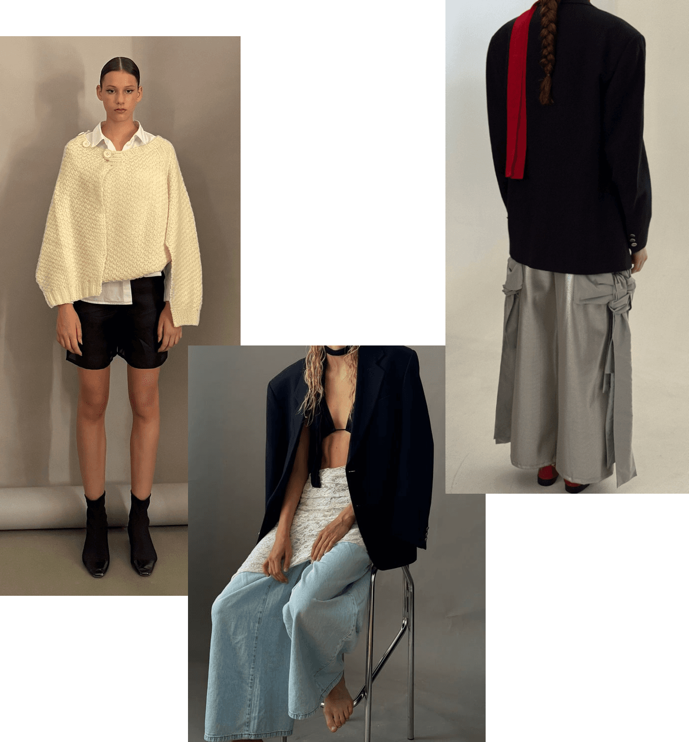 Collage of three fashion looks.